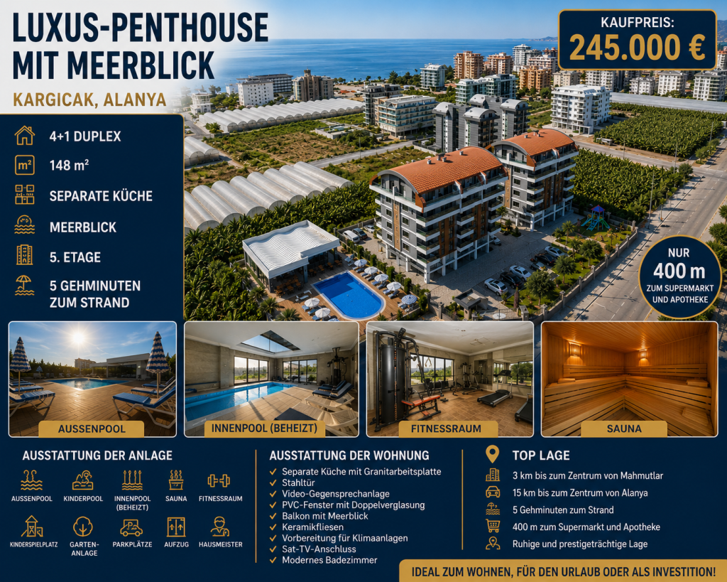 Penthouse mit Meerblick in Kargıcak, Alanya zu verkaufen