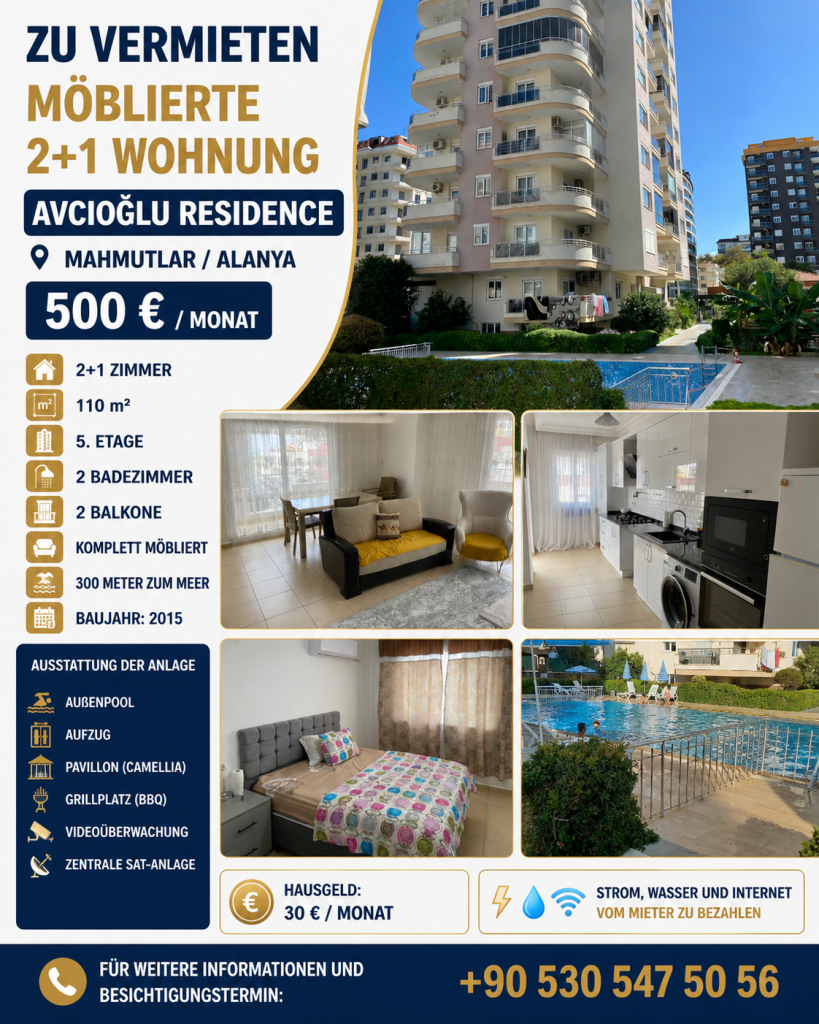 ZU VERMIETEN Möblierte 2+1 Wohnung Mahmutlar / Alanya
