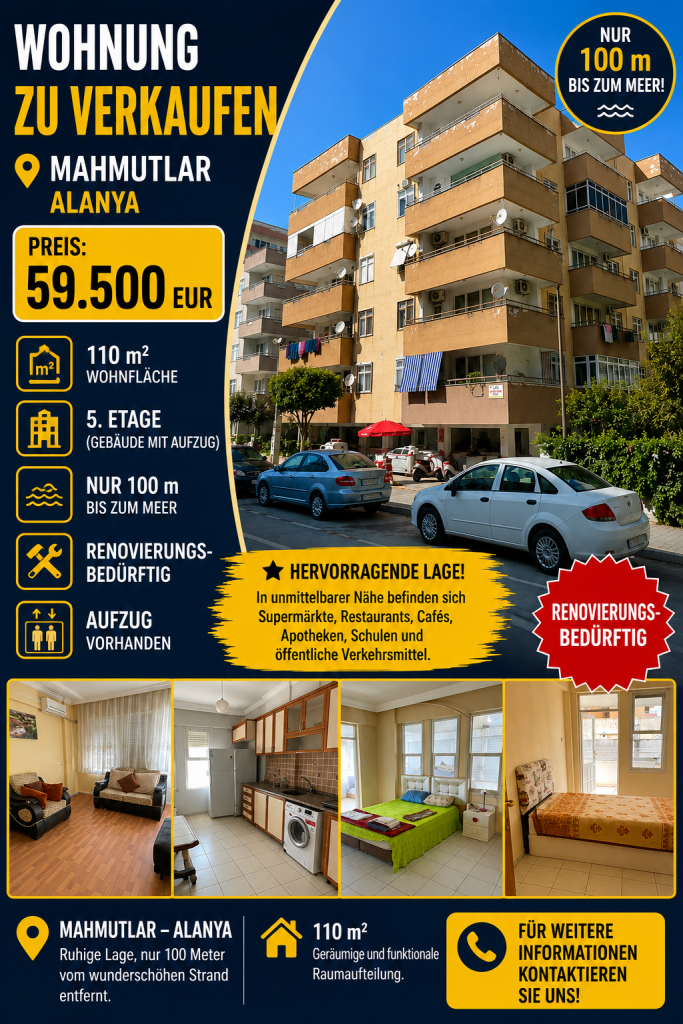 Wohnung zum Verkauf in Mahmutlar, Alanya – 110 m² | Nur 100 m zum Meer | 59.500 €