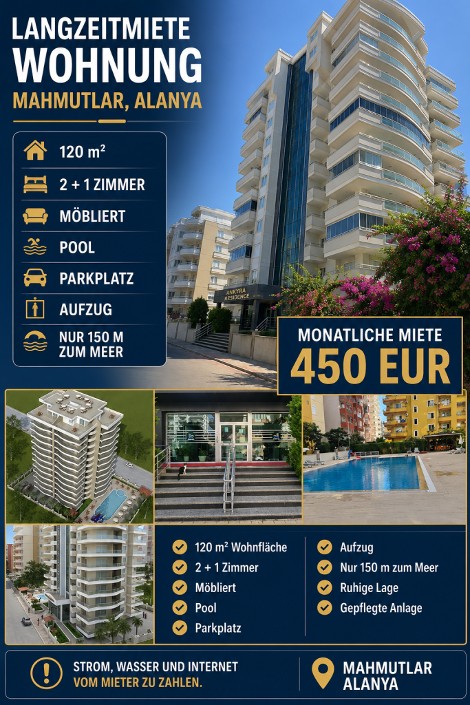 Langzeitwohnung zur Miete in Mahmutlar, Alanya