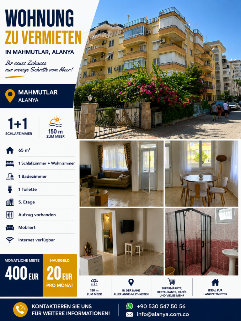 Möblierte 1+1 Wohnung zur Langzeitmiete in Mahmutlar, Alanya – Nur 150 Meter vom Meer entfernt